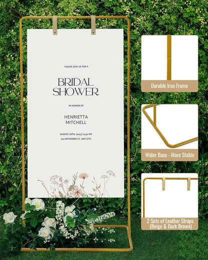 Wedding Welcome Sign Stand, Welcome to our Wedding Sign Holder, Black Easel Stand for Sign Poster With Design Bundle & Ground Stakes & Leather Sign Hanging Straps, Linen Sign Stand for Wedding Decor