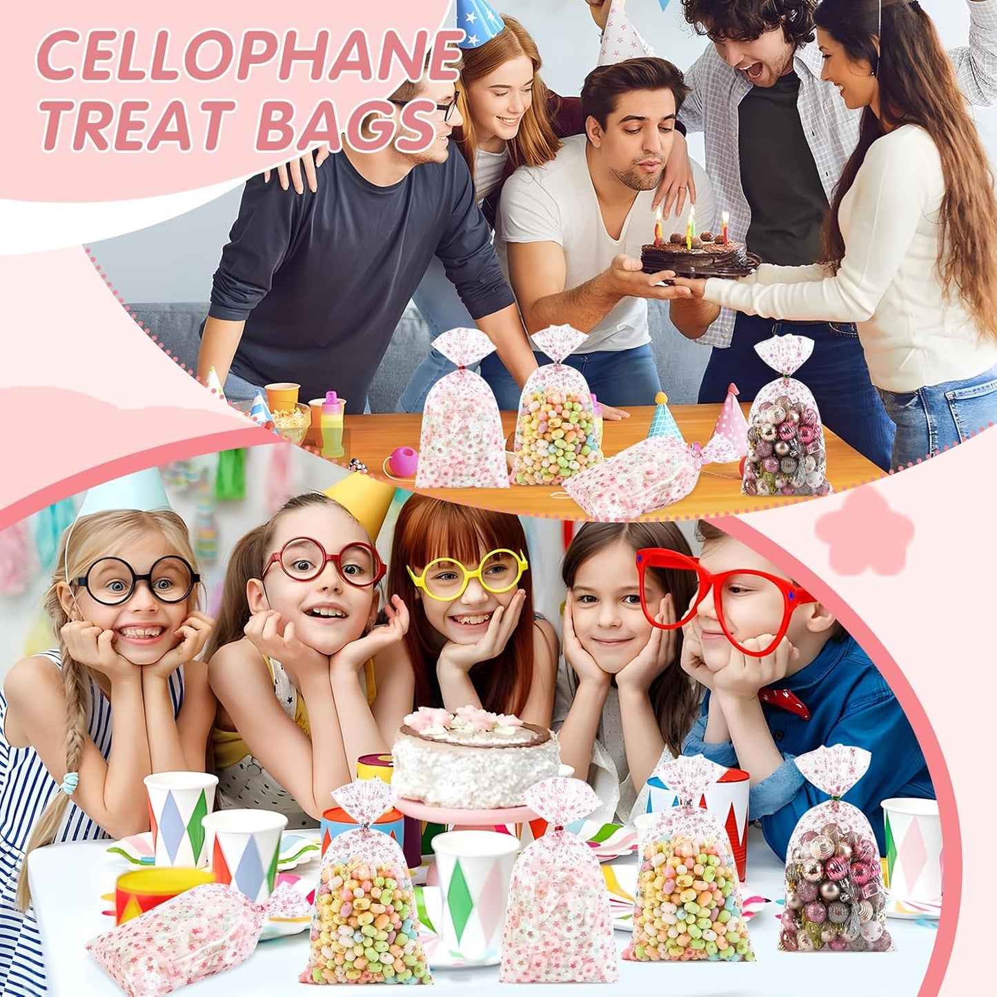 100 Pcs Star Printed 5"X 7" Gift Wrap Cello Cellophane Treat Bags Party Favor bags Clear Candy Cookie Bag Plastic Poly Goodie Storage Bag with Twist Ties for Bakery,Birthday, Wedding ,Party Decorations (Gold)