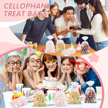 100 Pcs Star Printed 5"X 7" Gift Wrap Cello Cellophane Treat Bags Party Favor bags Clear Candy Cookie Bag Plastic Poly Goodie Storage Bag with Twist Ties for Bakery,Birthday, Wedding ,Party Decorations (Gold)