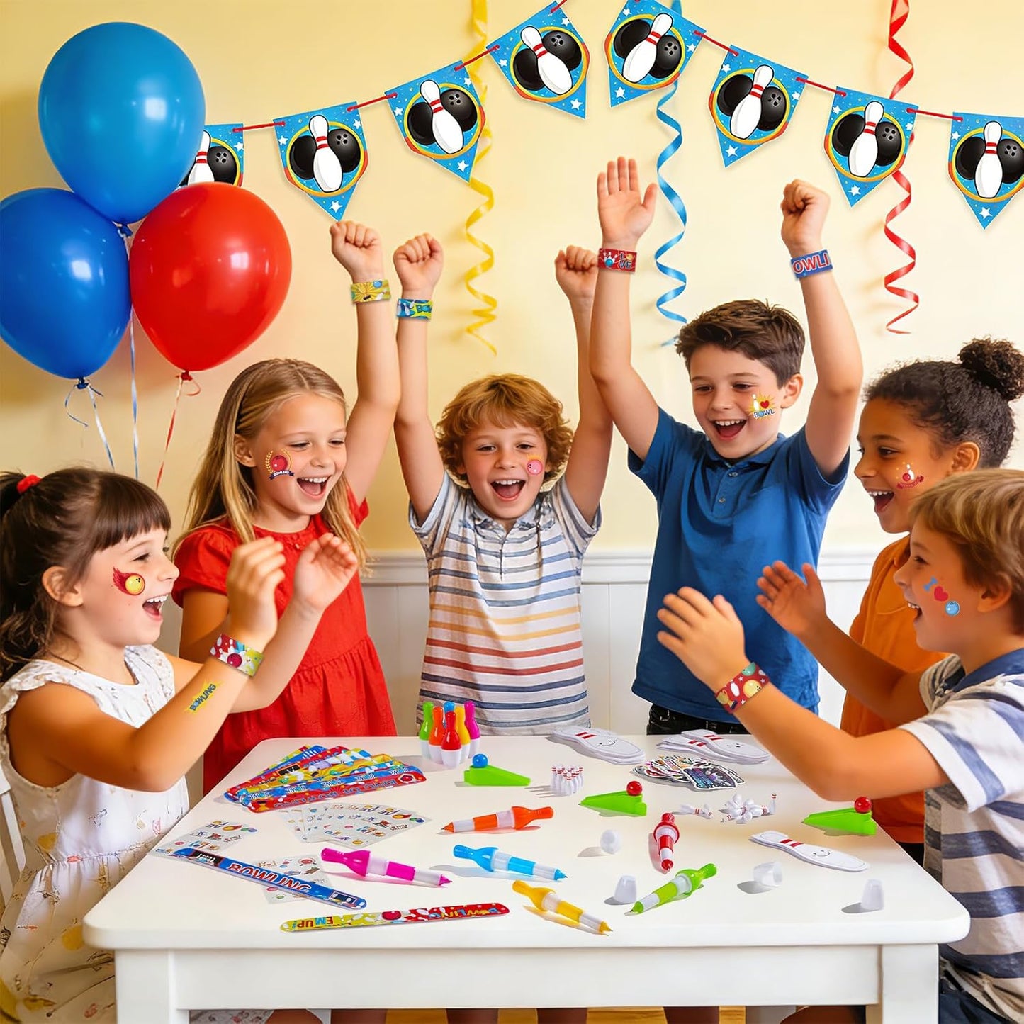 Vanblue 122 Pcs Bowling Party Favors Set Gift Birthday Decorations for Kids Classroom Rewards Mini Bowling Game Toy Set, Ballpoint Pen Goodie Bag Fillers and School Prizes