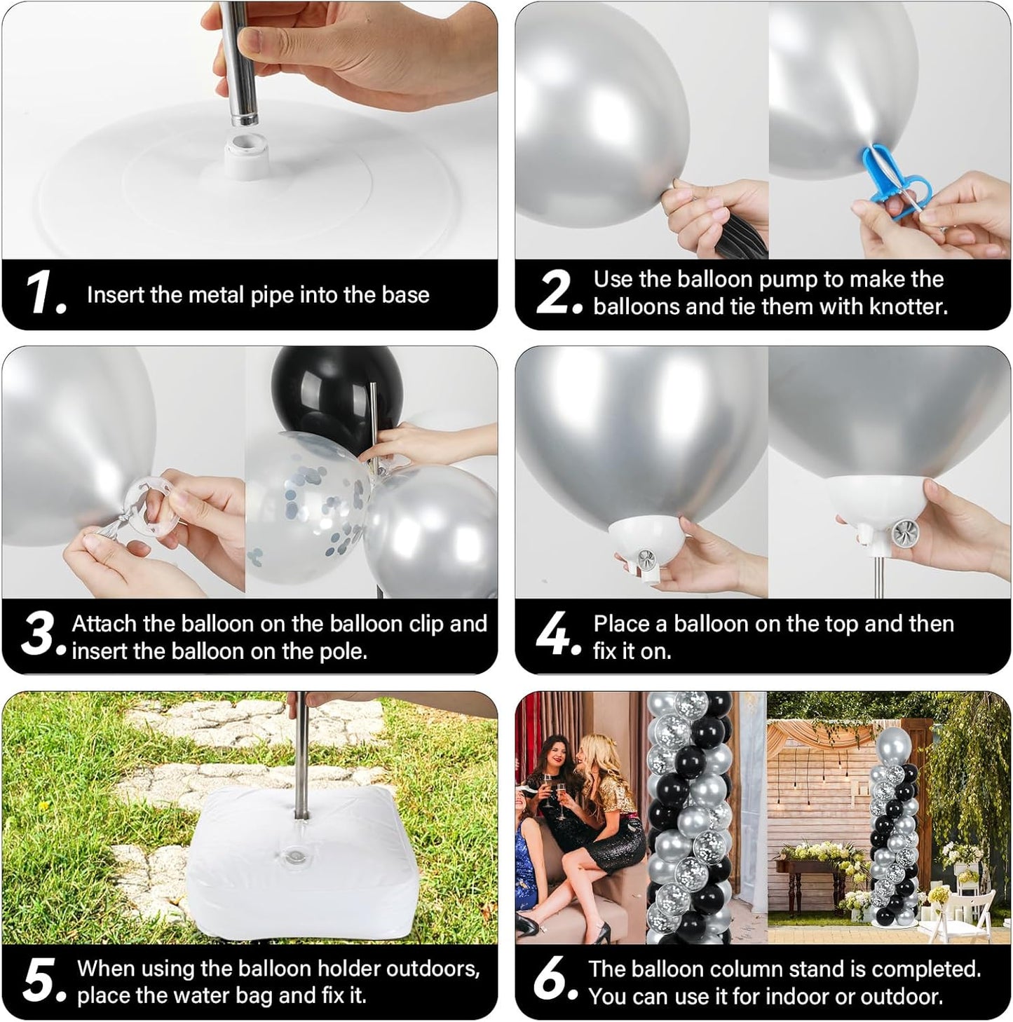 2 Set Black and Gold Balloons Column Stand Kit with 100 Balloons Adjustable Balloon Stand with Bases for Floor Black Gold Confetti Balloon Column Kit for Bridal Shower Valentine Birthday Party Decor