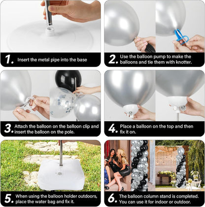 2 Set Black and Gold Balloons Column Stand Kit with 100 Balloons Adjustable Balloon Stand with Bases for Floor Black Gold Confetti Balloon Column Kit for Bridal Shower Valentine Birthday Party Decor