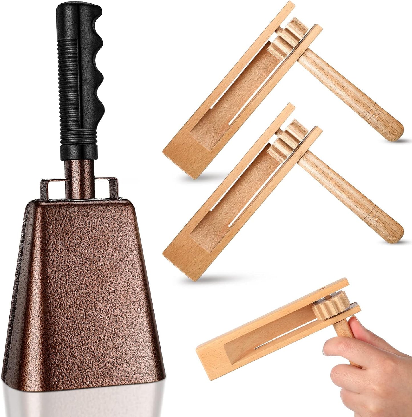 Nuanchu 10 Inch Cowbell Noise Makers for Sport Event Steel Cowbell with Handle and 2 Pcs Wooden Spinning Rattle Ratchet Matraca Cheer Bell Alarm for Football Game Musical Percussion Instruments(Brown)
