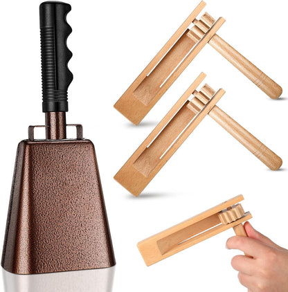 Nuanchu 10 Inch Cowbell Noise Makers for Sport Event Steel Cowbell with Handle and 2 Pcs Wooden Spinning Rattle Ratchet Matraca Cheer Bell Alarm for Football Game Musical Percussion Instruments(Brown)