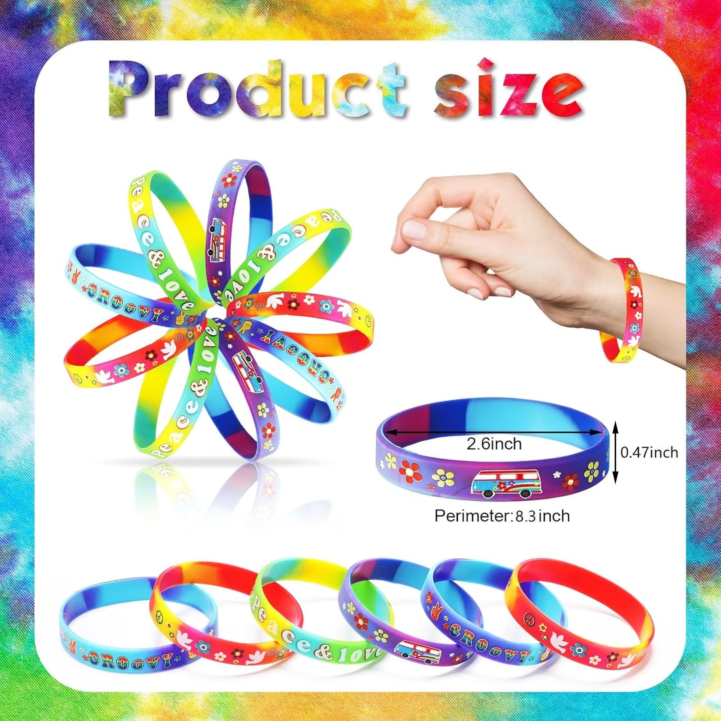 24 Pcs 60's Hippy Retro Groovy Silicone Bracelets Wristbands Party Decoration Peace Love 60's Hippy Favor for 60s Hippie Groovy Party Supplies