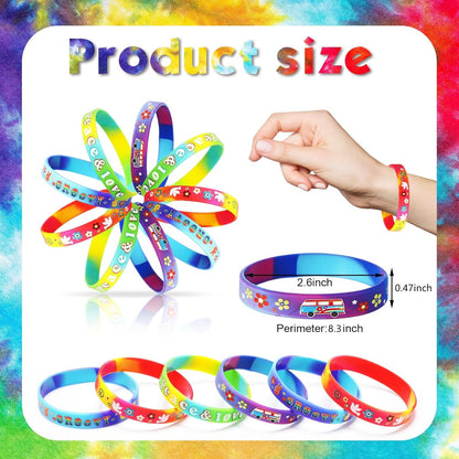 24 Pcs 60's Hippy Retro Groovy Silicone Bracelets Wristbands Party Decoration Peace Love 60's Hippy Favor for 60s Hippie Groovy Party Supplies