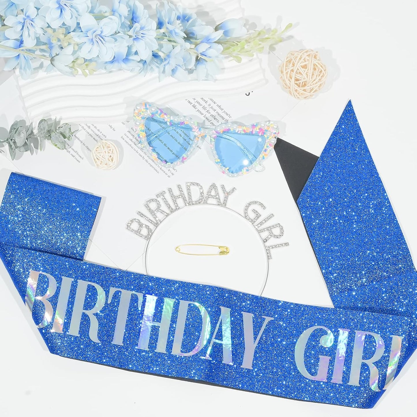 3Pcs Birthday Girl Sash Headband Set-Birthday Sash Tiara and Crown Sunglasses for Girls Women