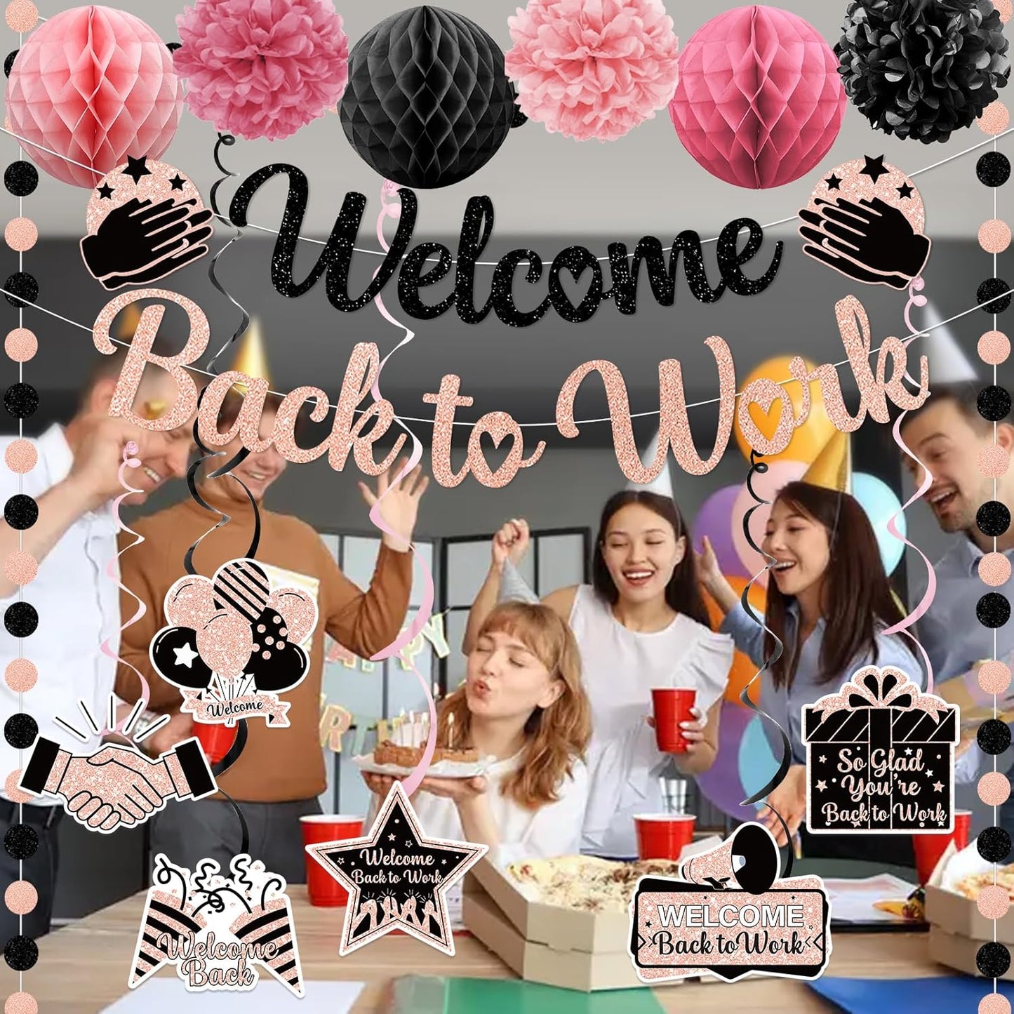 Welcome Back Decorations for Office Welcome Back to Work Decorations with Banner Circle Dot Garland Hanging Swirls Pompoms for Office Party Decor Sign