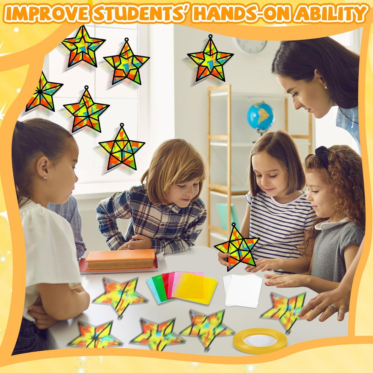 QOUBAI 32 Sets Stars Suncatchers Craft Back to School DIY Stained Glass Window Patriotic 4th of July Paper Craft Home School Classroom Decor Kid Birthday Gift Creative Art Activity Game - Colors A