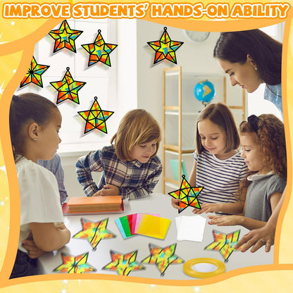 QOUBAI 32 Sets Stars Suncatchers Craft Back to School DIY Stained Glass Window Patriotic 4th of July Paper Craft Home School Classroom Decor Kid Birthday Gift Creative Art Activity Game - Colors A
