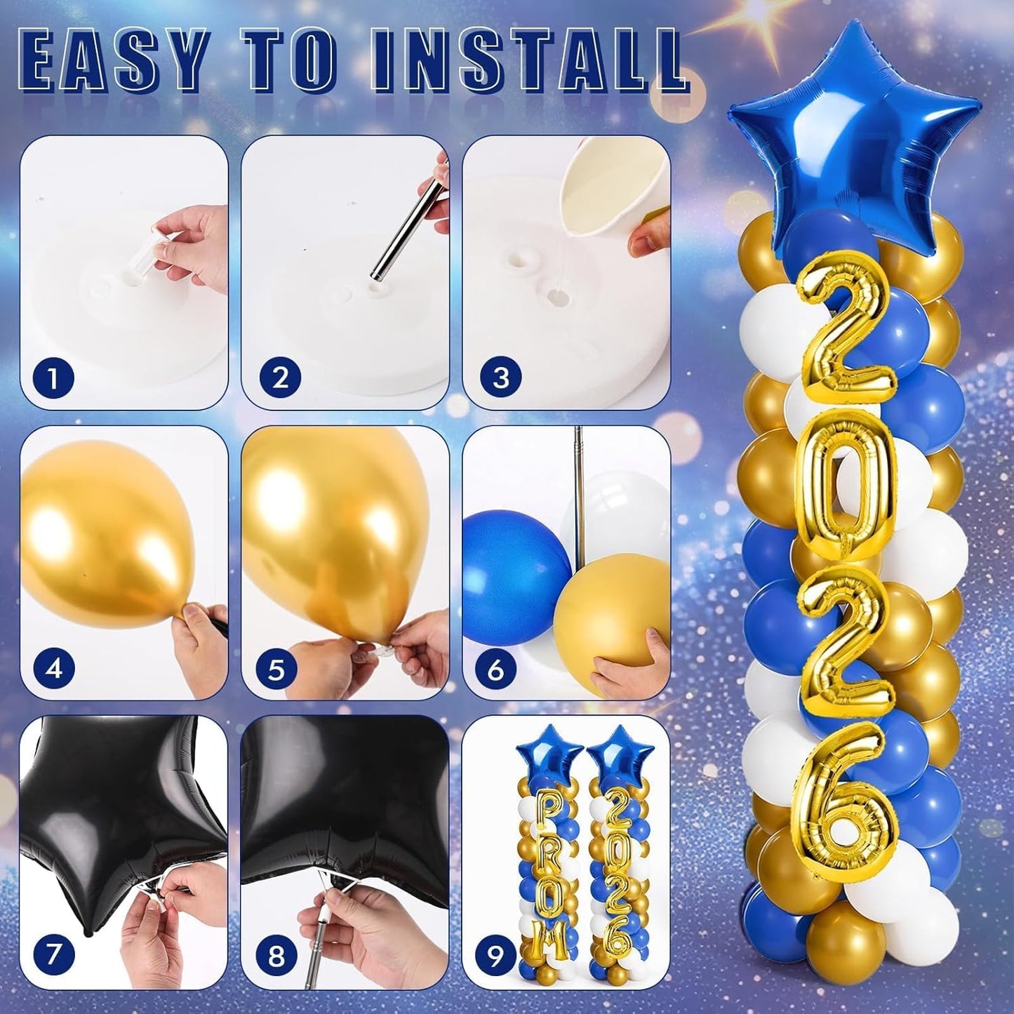 2 Sets Graduation Balloon Column Stand Kits with Balloons 2026 Grad Themed Decoration Navy Blue Balloon Tower Stand Kit for Grad High School & College Celebration Party Decor