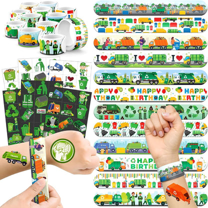 96 PCS Garbage Truck & Trash Truck Party Favors - 72 Pre-Cut Temporary Tattoos & 24 Slap Bracelets for Kids, Birthday Decoration Supplies, Goodie Bag Stuffers Gifts