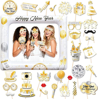 HOWAF 29PCS White Gold Happy New Year Photo Booth Props with Photo Frame,2026 New Year Decoration Selfie Props, Gold Glitter Photos Prop Kit for NYE Party, 2026 NYE Cheers Selfie Prop Kit