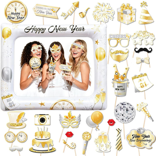 HOWAF 29PCS White Gold Happy New Year Photo Booth Props with Photo Frame,2026 New Year Decoration Selfie Props, Gold Glitter Photos Prop Kit for NYE Party, 2026 NYE Cheers Selfie Prop Kit
