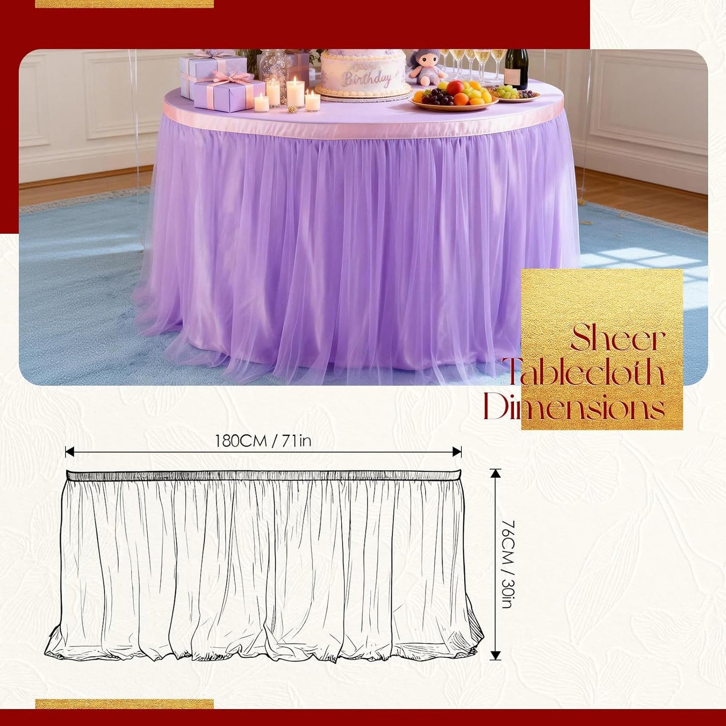 THARAHT Tulle Table Skirt 6FT 180CM Long for Rectangle Tables Round Tables Ruffle Desk Skirt for Princess Girls Birthday Party Cake Dessert Decorations Table Skirt