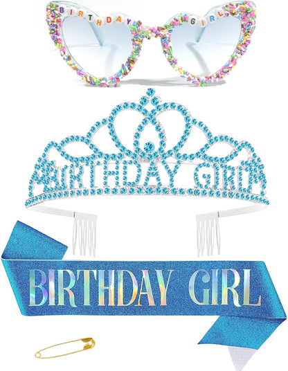 3Pcs Birthday Girl Sash Headband Set-Birthday Sash Tiara and Crown Sunglasses for Girls Women