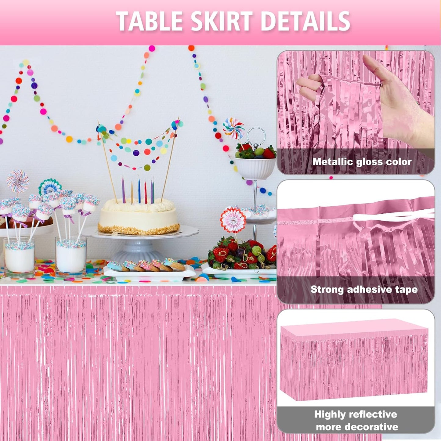 2 Pack 29.5x108 Inch Silver Foil Tinsel Fringe Table Skirts, Disposable Table Skirts for Rectangle Tables Curtains Backdrop Parade Wedding Floats Baby Shower Birthday Mardi Gras Party