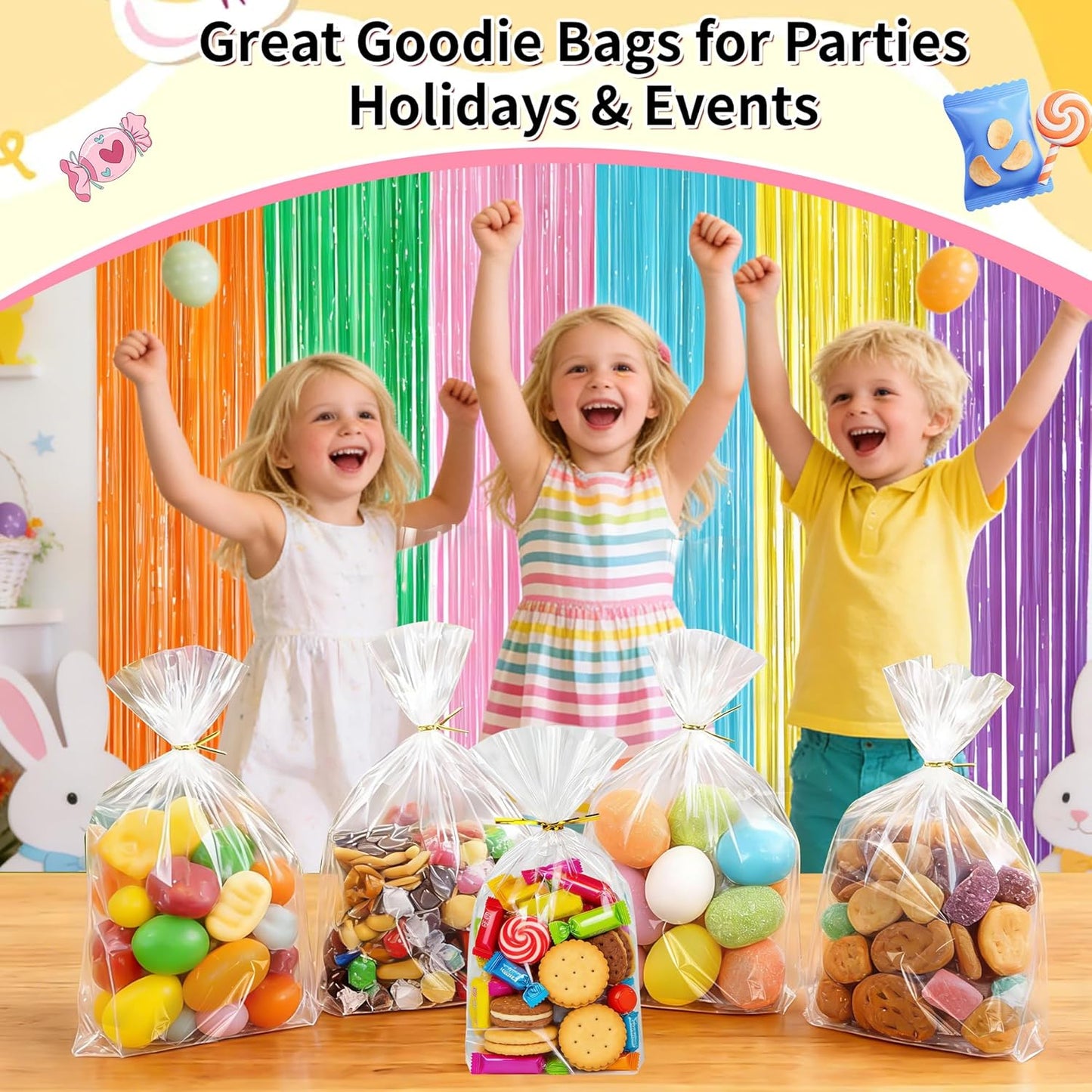 Soarvita 7x10 Inch Cellophane Treat Bags, 50 Pcs Clear Gift Bags with Bottom Gusset for Stand-Up Display, Cellophane Gift Wrap with 60 Gold Ties for Goodies, Treats, Candy, Party Favors, Toys