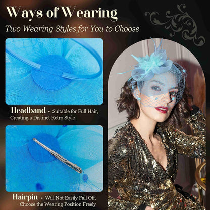 Fascinators Hats for Women Tea Party Hat Feather Mesh Headband Vintage Lace Cocktail Headwear Veil Hair Clip Church