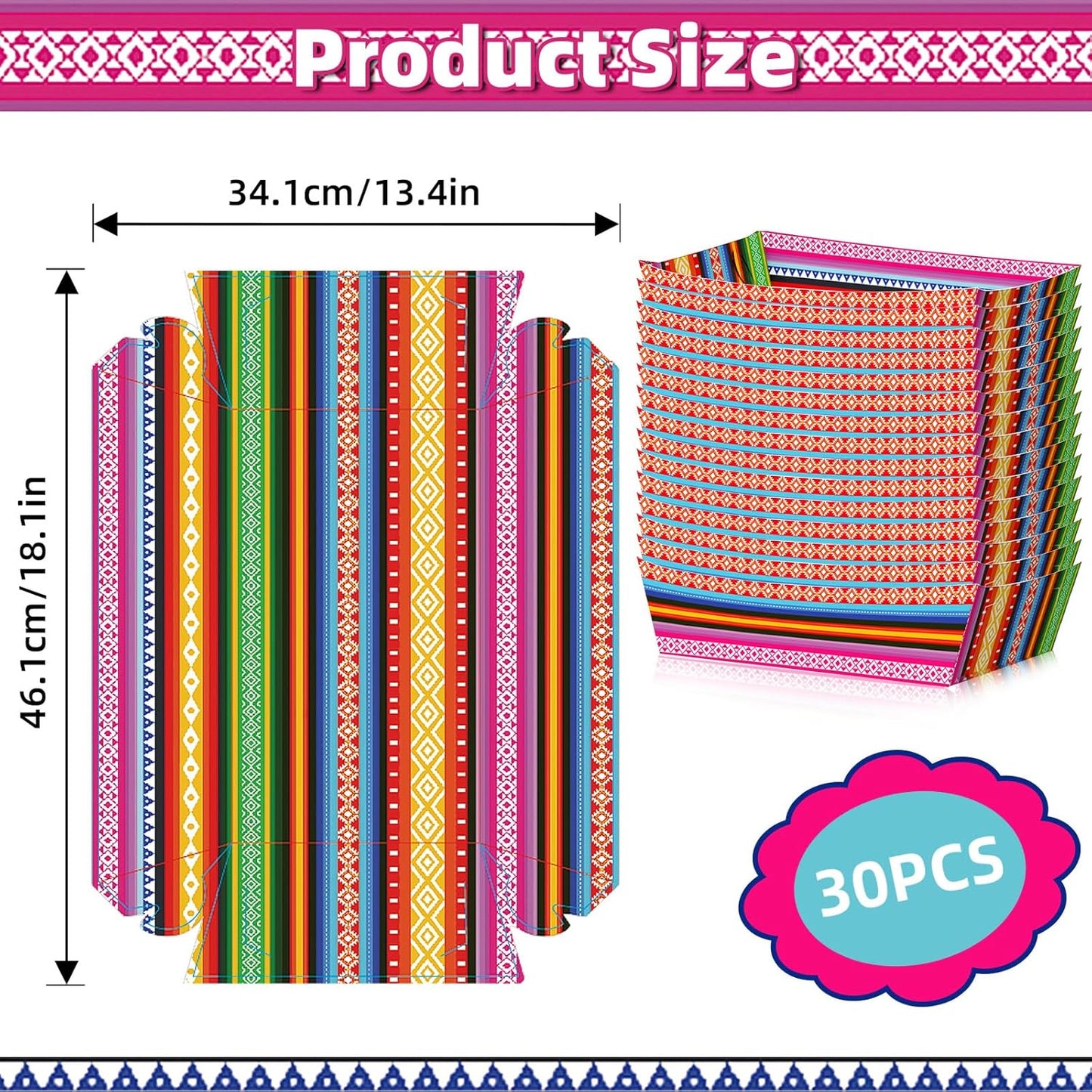30 Pack Fiesta Mexican Food Trays, Floral and Serape Stripe Design Disposable Paper Serving Containers Boats for Taco Nights, Nachos, Fries, Popcorn, Snacks, Cinco de Mayo and Birthday Party Supplies