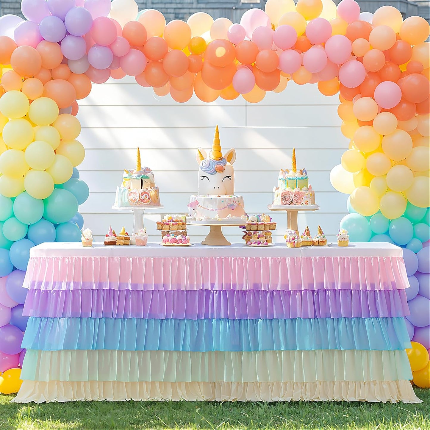 Pastel Rainbow Table Skirt Ruffle Party Tablecloth for Rectangle Table 6ft Birthday Party Baby Shower
