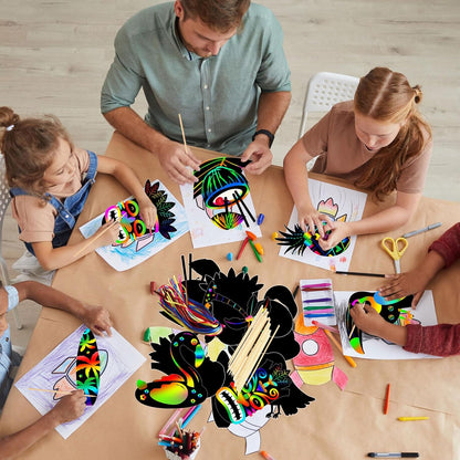 Motionchic 80 Pieces Hawaiian Luau Party Scratch Cards Rainbow Tropical Party Paper Crafts for Kids with Wooden Stick and Ribbon for Summer Birthday Party Tiki Party Supplies