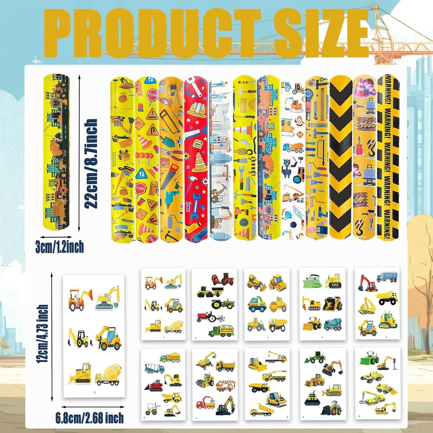 84PCS Engeering Vehicle Party Favors Set – 24pcs Slap Bracelets & 60pcs Temporary Tattoos with Construction Vehicle Designs, Engeering Theme Party Supplies for, Truck Decorations