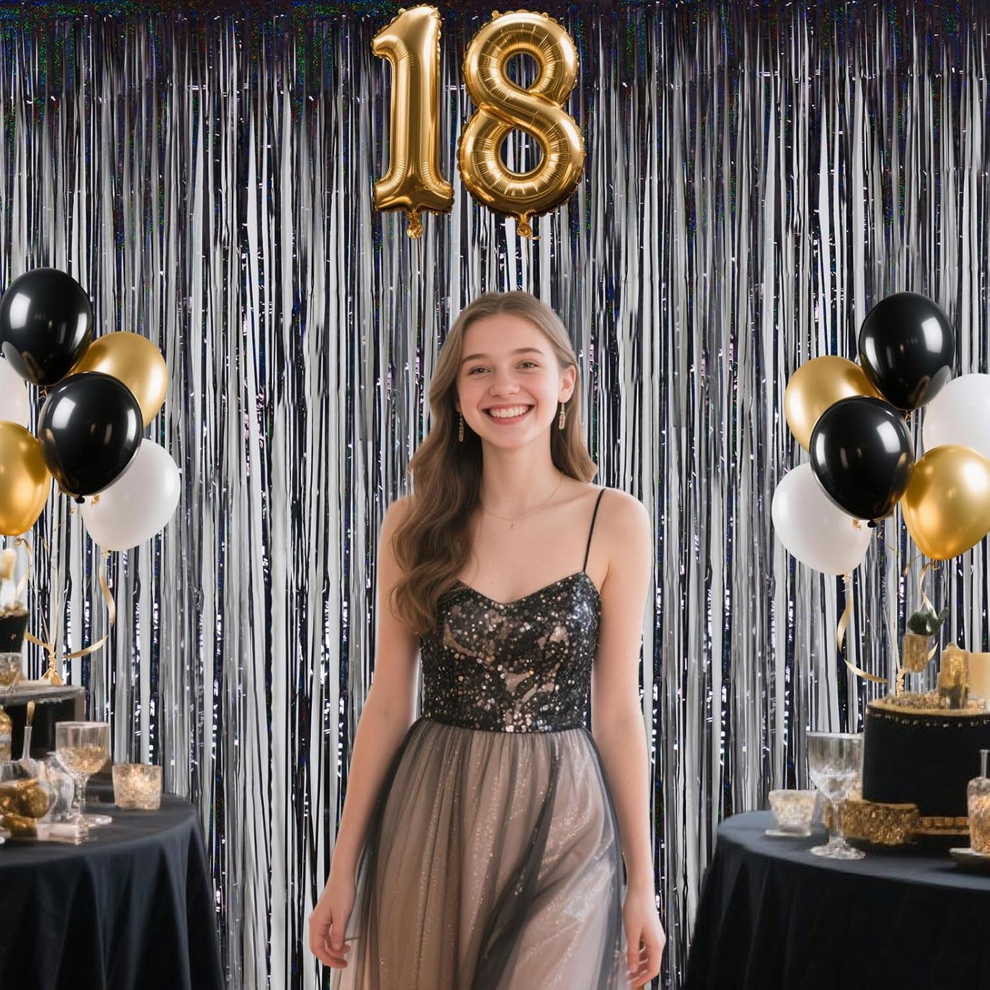 Iridescent Party Decorations Fringe Backdrop, Sparkling Holographic Foil Fringe Tinsel Curtains for Frozen Mermaid Birthday Party Decor - 3.28x6.56ft 2 Packs