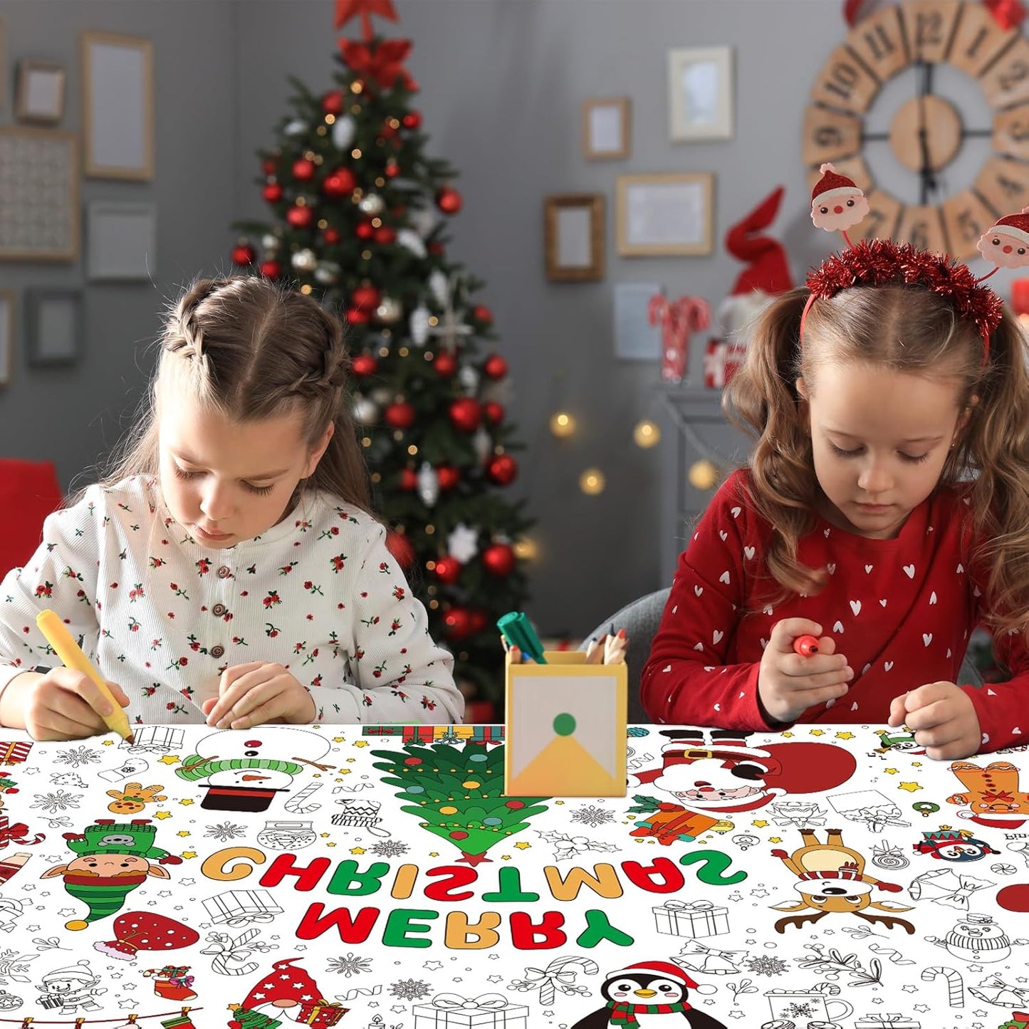 Christmas Coloring Tablecloth for Kids, 71 x 31 Large Inch Xmas Coloring Poster Table Cover, Holiday Doodle Crafts for Classroom, Family Party, Christmas Games and Activities Supplies