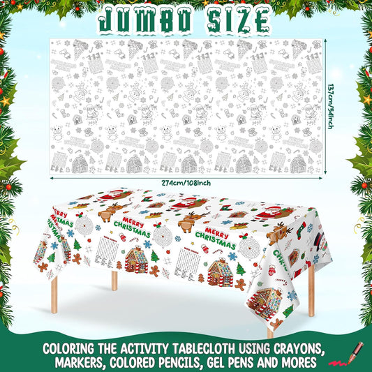 1Pack Christmas Coloring Tablecloth for Kids, Disposable Xmas Paper Tablecloth, Santa Merry Christmas Color-in Activity Table Cover for Kids Xmas Winter Holiday Party Decorations, 54x108Inch