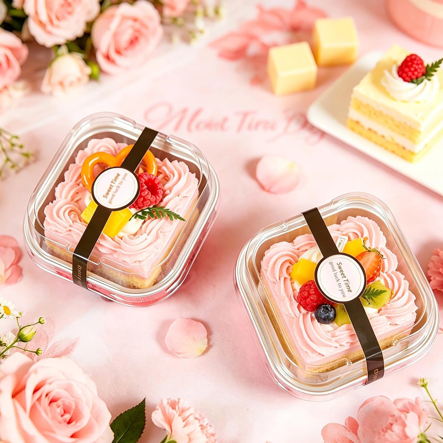 NPLUX 50 Pcs Mini Cake Pans with Lids and Spoons Aluminum Foil Mini Square Baking Cups with Lids Disposable Ramekins Cake Pans Dessert Cups for Wedding Mothers Day Gifts Party Favors(Pink,5oz)