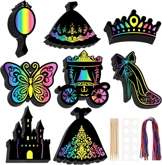 80 Pcs Princess Scratch Cards Colorful Rainbow Princess Scratch Paper Art with Wooden Stylus for Birthday Party Classroom DIY Activities