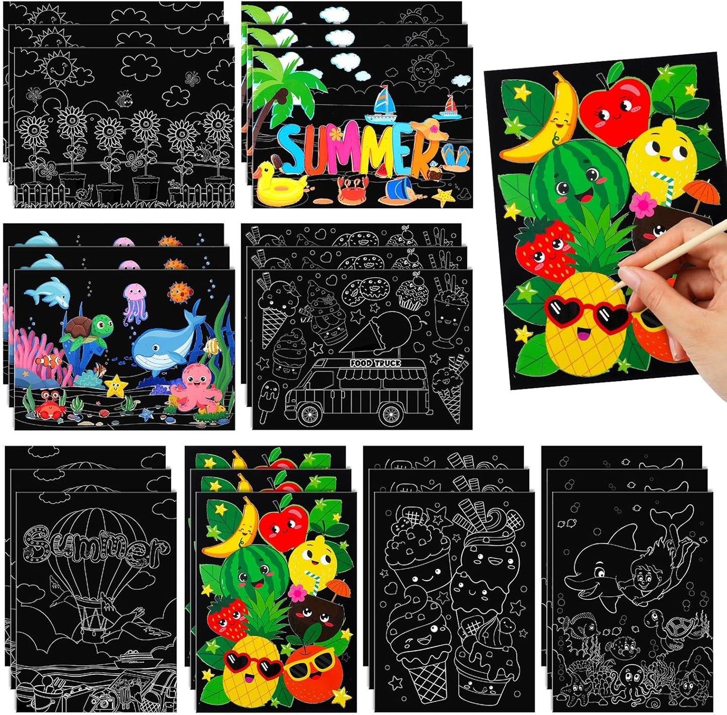 Marspark 24 Pcs Summer Crafts for Kids Bulk Color Your Own Summer Scratch Posters DIY Magic Scratch Paper Black Off Art Paper Gifts Kit Doodle Art for Home Holiday School Party Activities