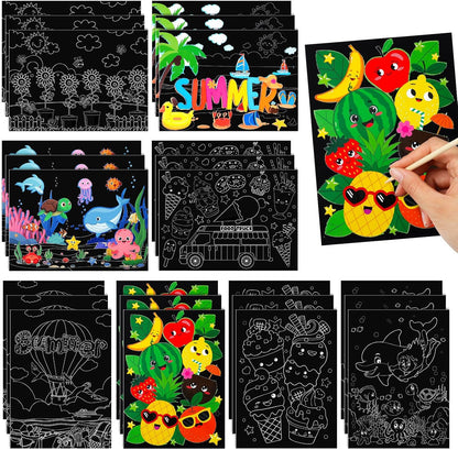 Marspark 24 Pcs Summer Crafts for Kids Bulk Color Your Own Summer Scratch Posters DIY Magic Scratch Paper Black Off Art Paper Gifts Kit Doodle Art for Home Holiday School Party Activities