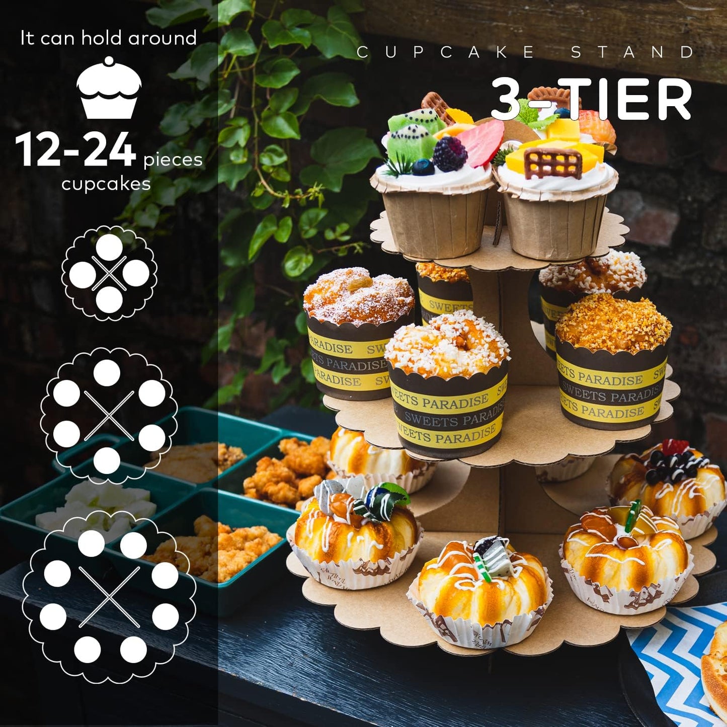 White Cupcake Stand Tower, 3-Tier Cardboard Dessert Display with Heart Handle,Perfect for Birthday Baby Shower Wedding Tea Party Graduation, Easy 60-Second Assembly, Holds 12+Cupcakes (1-Pack)