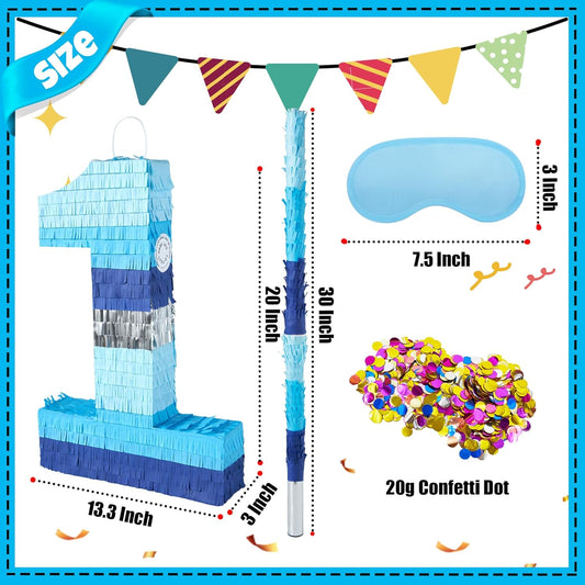PCFING 20 Inch Number 3 Piñata Blue Silver with 30 Inch Piñata Stick Blindfold Confetti for Boys Girls Adults Birthday Party Decorations, Anniversary Celebration, Fiesta