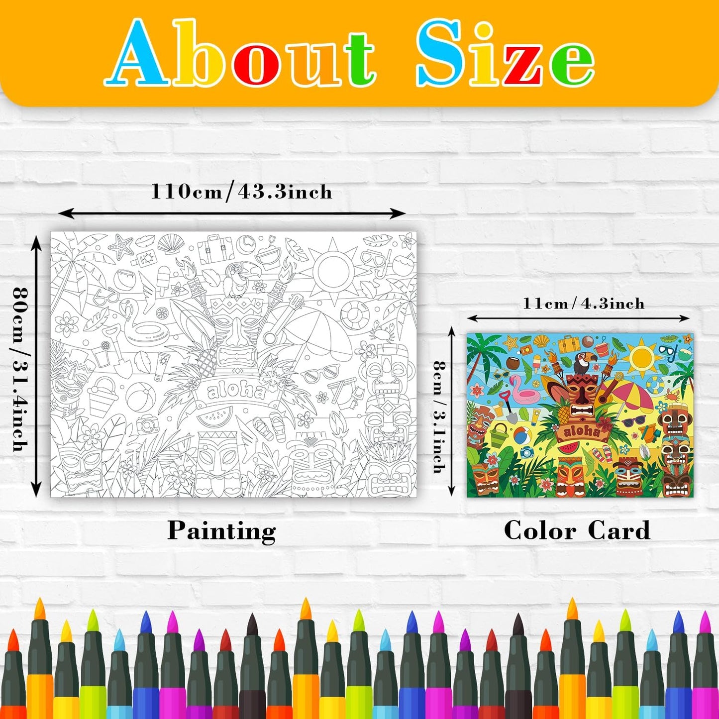 43.3x31.5 Summer Coloring Poster with Picture, Giant Cute Painting Poster, Large Coloring Tablecloth for Classroom Home Birthday Party Supplies Favor