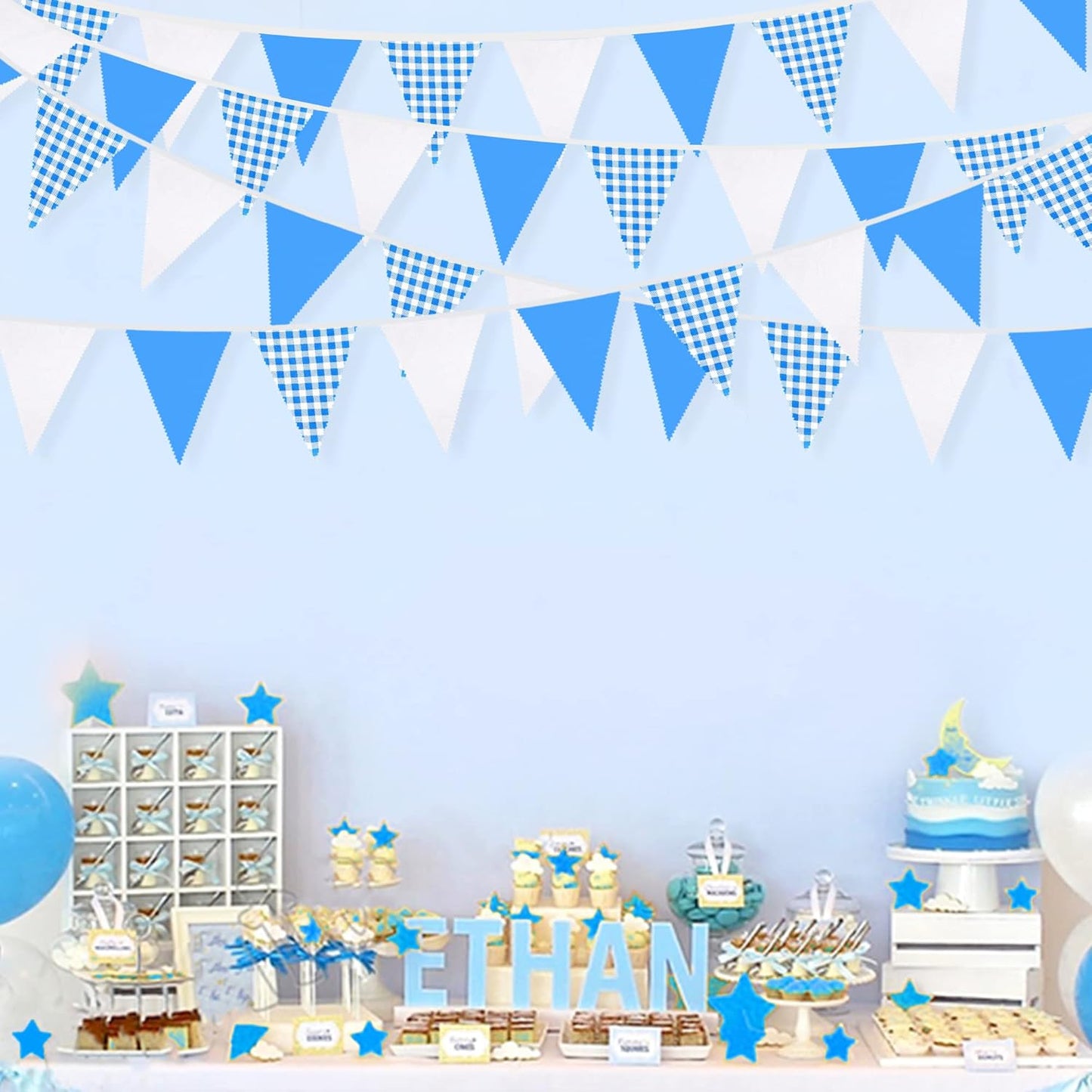 32Ft Dusty Blue Party Decorations Retro Blue Gingham Triangle Banner Flag Pennant Fabric Garland Streamers for Nautical Wedding Birthday Ahoy Achor Bridal Baby Shower Under The Sea Decor Supplies