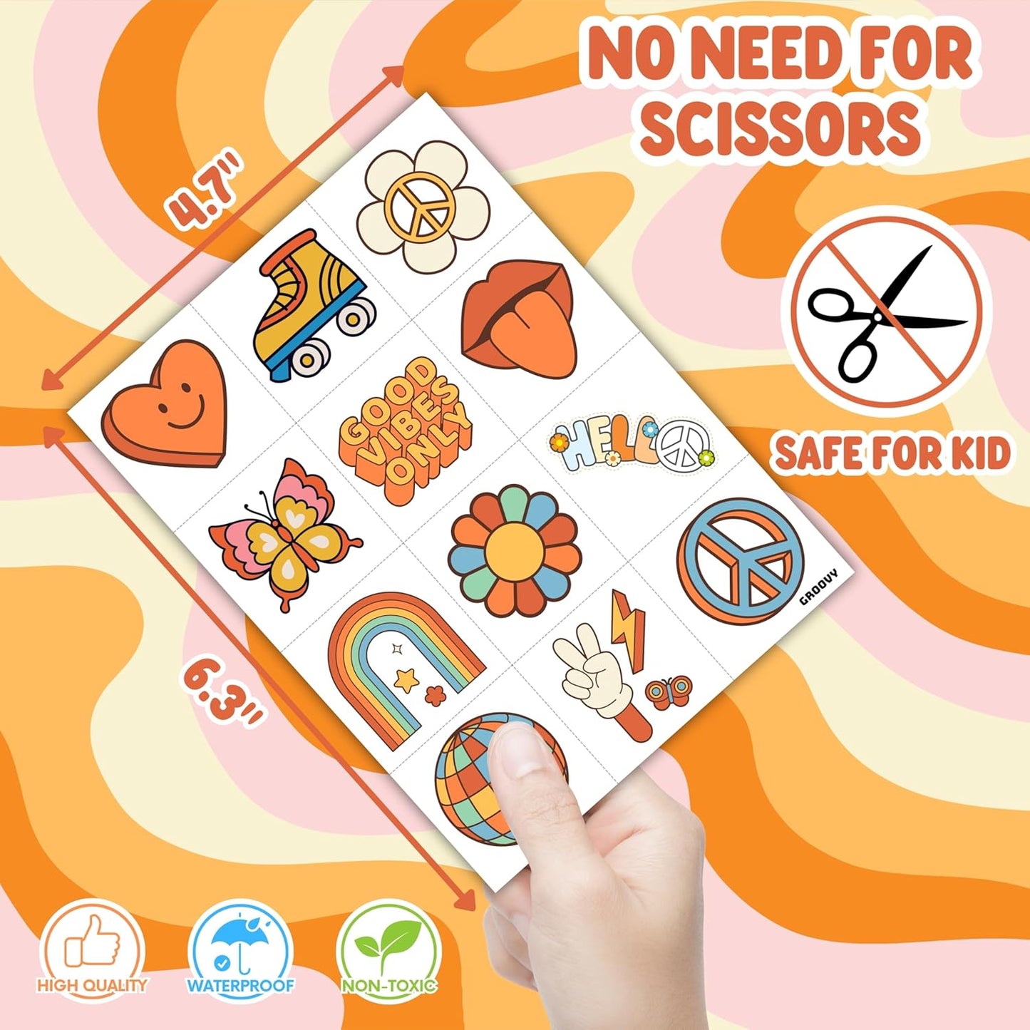 96PCS Groovy 70s Pre-Cut Temporary Tattoos - Retro Flower Power, Good Vibes Party Decorations & Favors | Cute Tattoos Stickers Gift for Kids, Boys & Girls, Prize Supplies (Normal)