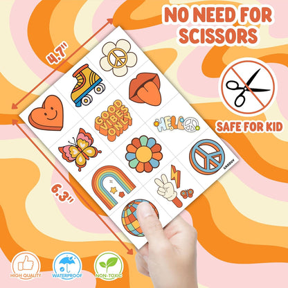 96PCS Groovy 70s Pre-Cut Temporary Tattoos - Retro Flower Power, Good Vibes Party Decorations & Favors | Cute Tattoos Stickers Gift for Kids, Boys & Girls, Prize Supplies (Normal)