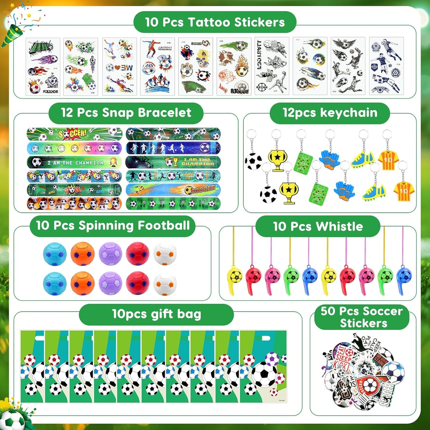 114 Pcs Soccer Party Favors for 10 Kids, Soccer Goodie Bags with Whistles, Slap Bracelets, Spinning Balls, Keychains, Tattoos & Stickers for Birthday, Team Celebration & Game Day