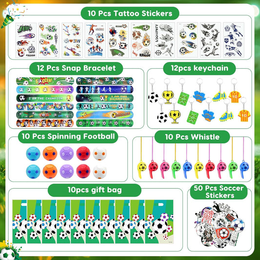 114 Pcs Soccer Party Favors for 10 Kids, Soccer Goodie Bags with Whistles, Slap Bracelets, Spinning Balls, Keychains, Tattoos & Stickers for Birthday, Team Celebration & Game Day