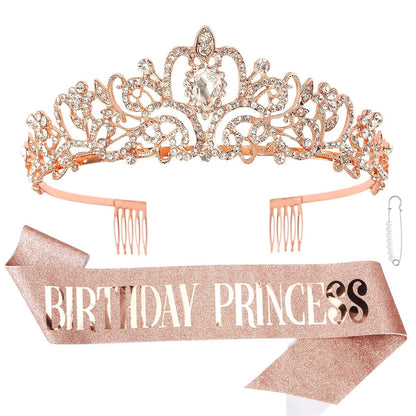 CIEHER Princess Crown and Birthday Sash Set, Pink Tiara for Women, Birthday Decorations for Girls, Gifts