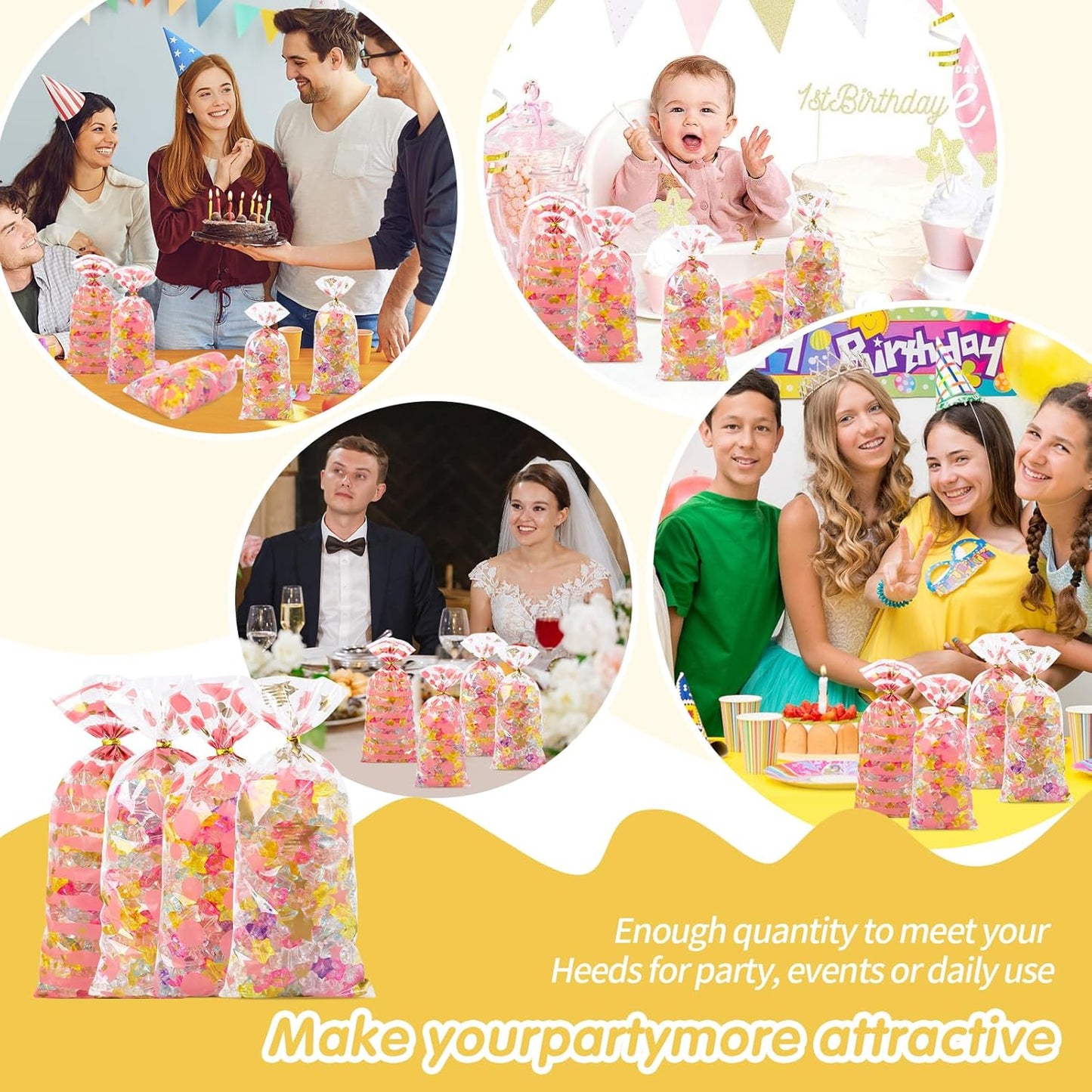 100 Pcs Star Printed 5"X 7" Gift Wrap Cello Cellophane Treat Bags Party Favor bags Clear Candy Cookie Bag Plastic Poly Goodie Storage Bag with Twist Ties for Bakery,Birthday, Wedding ,Party Decorations (Gold)