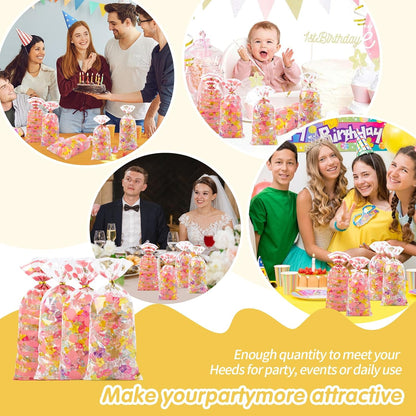 100 Pcs Star Printed 5"X 7" Gift Wrap Cello Cellophane Treat Bags Party Favor bags Clear Candy Cookie Bag Plastic Poly Goodie Storage Bag with Twist Ties for Bakery,Birthday, Wedding ,Party Decorations (Gold)