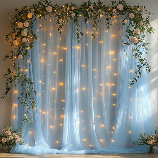 10x10ft White Tulle Backdrop Curtain with String Lights, Wrinkle-Free Sheer Wedding Backdrop for Birthday Parties, Baby Showers, Bridal Showers, Photo Shoots and Home Decorations, White