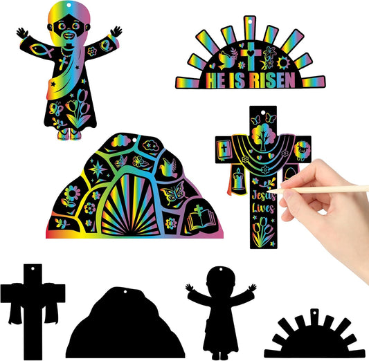 WATINC 80pcs Christian Easter Scratch Cards Ornaments, Cross Jesus Scene Magic Color Crafts Art Kit for Kids, Easter Resurrection Religious Sunday School Classroom Supplies Decorations
