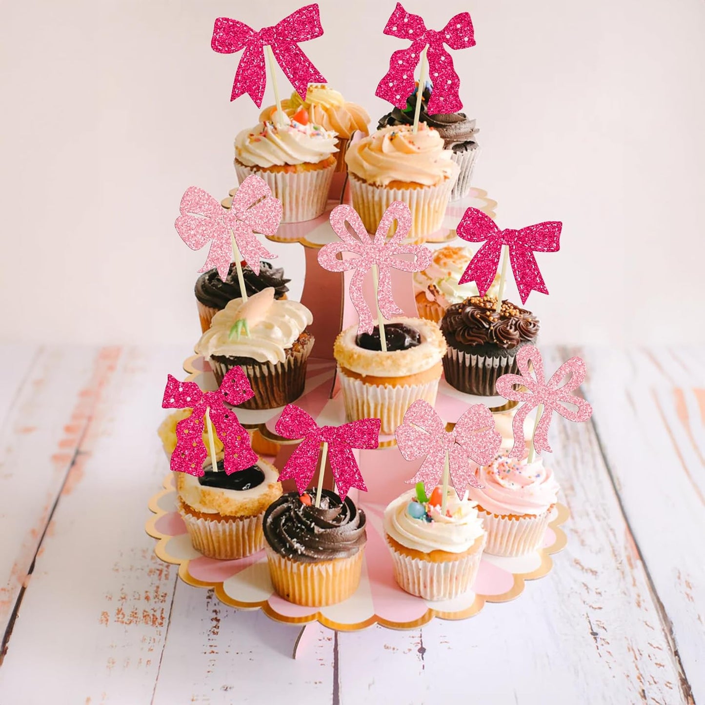 Ephlyn 24Pcs Pink Bow Cupcake Toppers Bow Birthday Cake Topper Girls Birthday Party Decorations Bowknot Cupcake Decorations for Bridal Wedding Themed Party Multi
