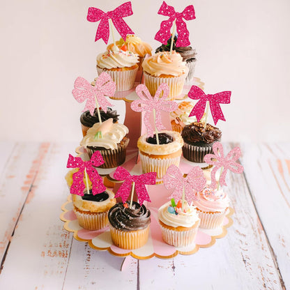 Ephlyn 24Pcs Pink Bow Cupcake Toppers Bow Birthday Cake Topper Girls Birthday Party Decorations Bowknot Cupcake Decorations for Bridal Wedding Themed Party Multi
