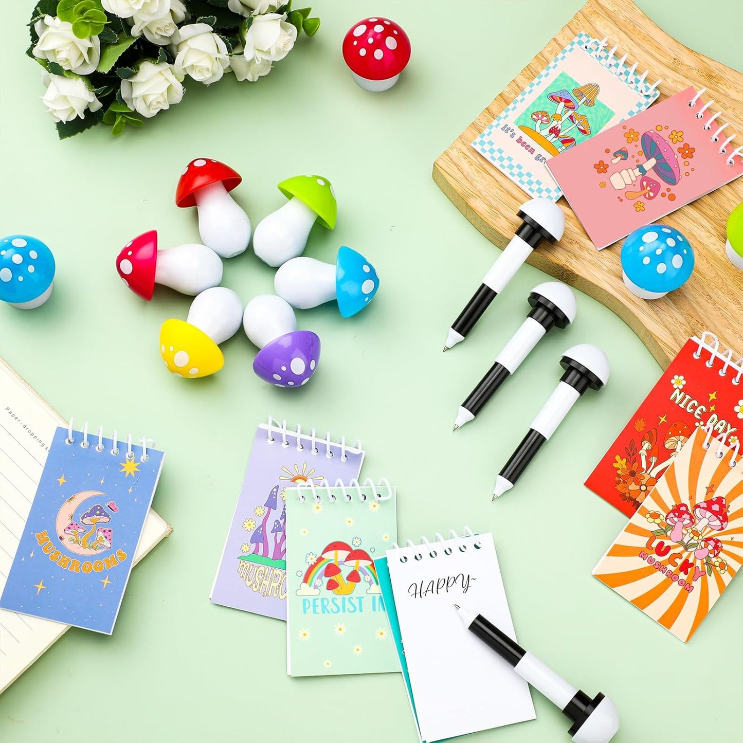 Kisston 48 Pcs Woodland Mushroom Party Favors Include 24 Mushroom Mini Notebooks Notepads and 24 Ballpoint Pen Gifts for Teacher Office Reward